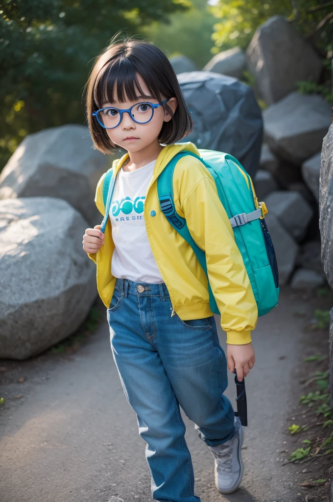 a very light green girl with a rock backpack with big glasses, a yellow shirt and yellow pants, she has blue energy in her hands and from her backpack comes out several number codes with 0 and 1, the girl is very short, as it were. a child, she has a tiny size, being a 5 year old and a strong blue aura and robotic tentacles are coming out of her backpack and her hands are covered in swords made of holograms