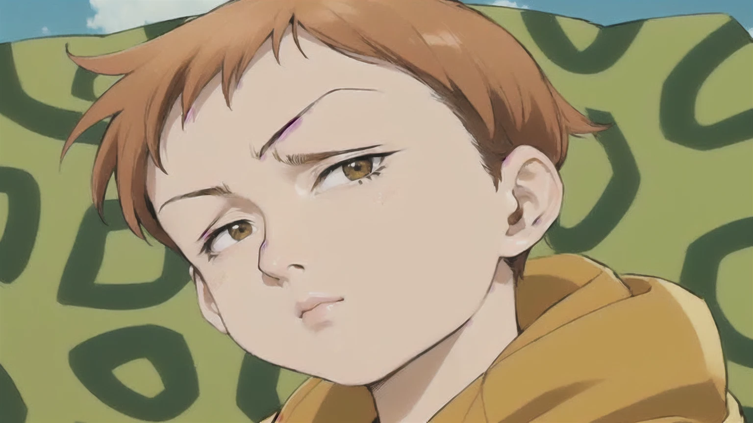 a close-up of a young man in a yellow jacket, in the anime film, orange hair anime boy, as anime character, toru furuya, boy with neutral face, manga style of kentaro miura, in an anime, kentaro miura manga style, toru narita, Shinkai Makoto, kentaro