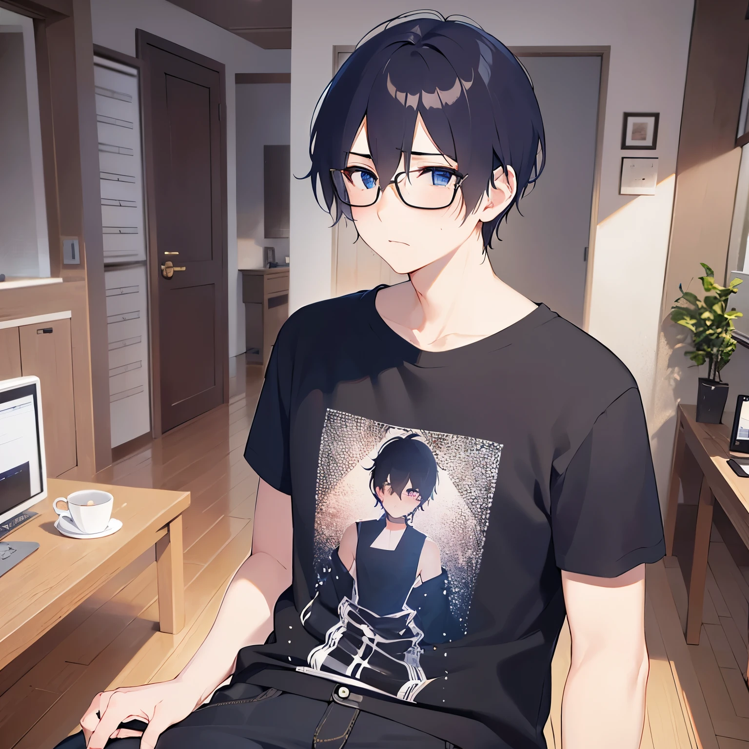 side angle, (looking away:1.5), plastic frame eyewear、upper body、shiny skin, masterpiece、Highest quality、(25-year-old male:1.5) and (Black short hair) and (blue eyes), Hair over one eye, (White T-shirt)、(sad:1.5), (blush:1.3), The background is the living room、(Alone:1.5)、Are standing