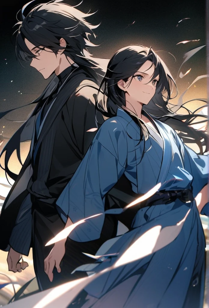 Japanese、male、Black Hair、Long Hair、Hair fluttering in the wind、Blue Kimono、Let&#39;s go together、Extend your left hand to the person on the other side of the screen、The background is pale blue　