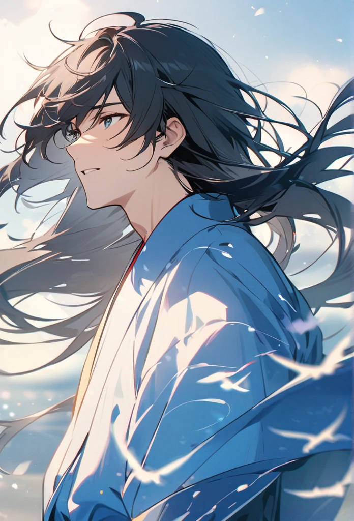 Japanese、male、Black Hair、Long Hair、Hair fluttering in the wind、Blue Kimono、Let's go together、Extend your left hand to the person on the other side of the screen、The background is pale blue