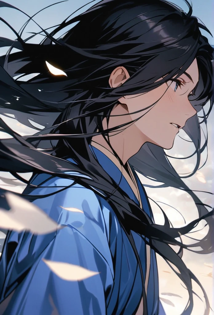 Japanese、male、Black Hair、Long Hair、Hair fluttering in the wind、Blue Kimono、Let's go together、Extend your left hand to the person on the other side of the screen、The background is pale blue