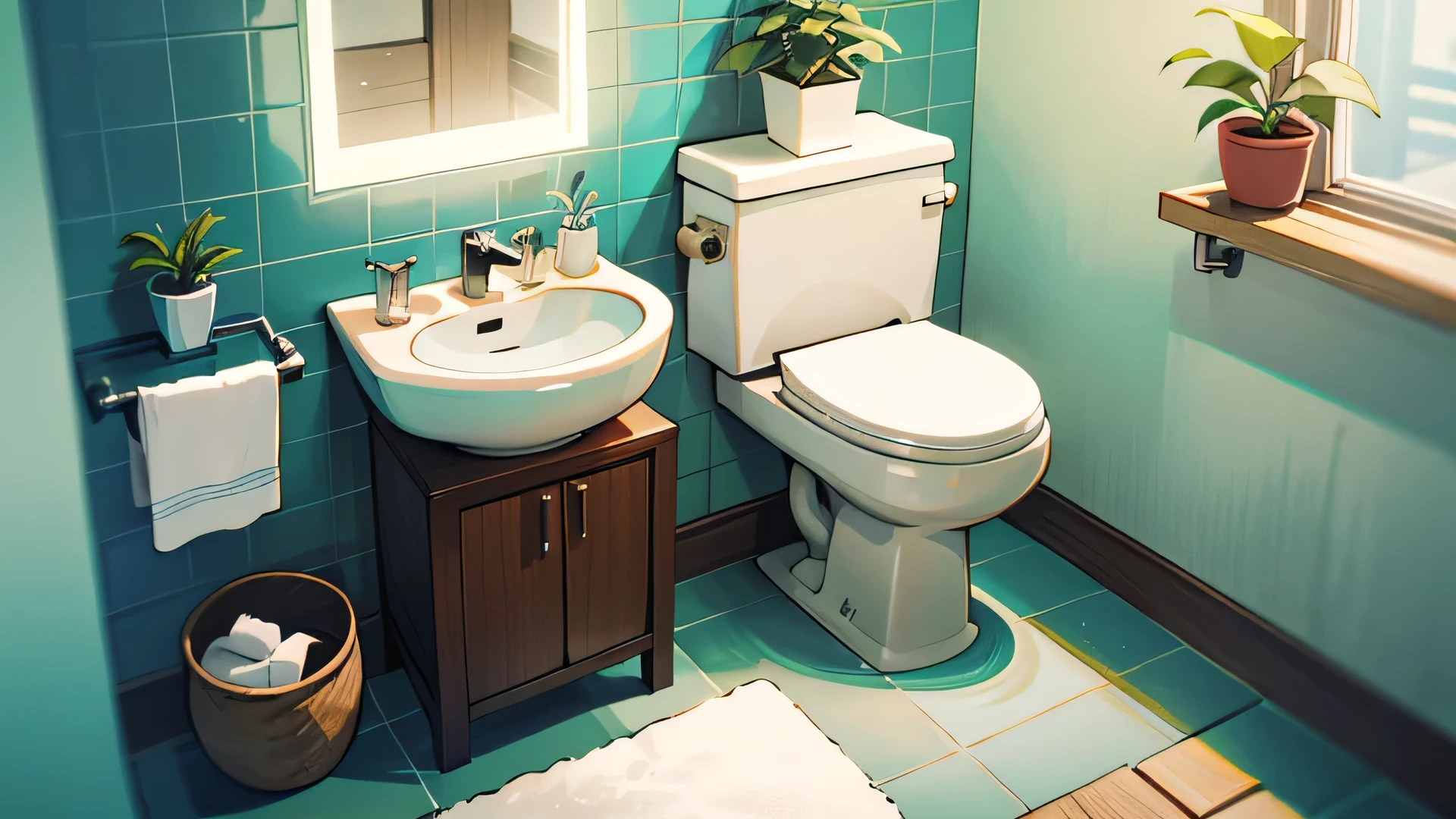modern,stylish,bathroom,Interior wall,Light Beige,tile,toilet,Tankless toilet,Wooden lid,There is a dark wood shelf above the toilet.,Green plants,A few books,A tall houseplant with long, narrow leaves to the right of the toilet,Tranquility