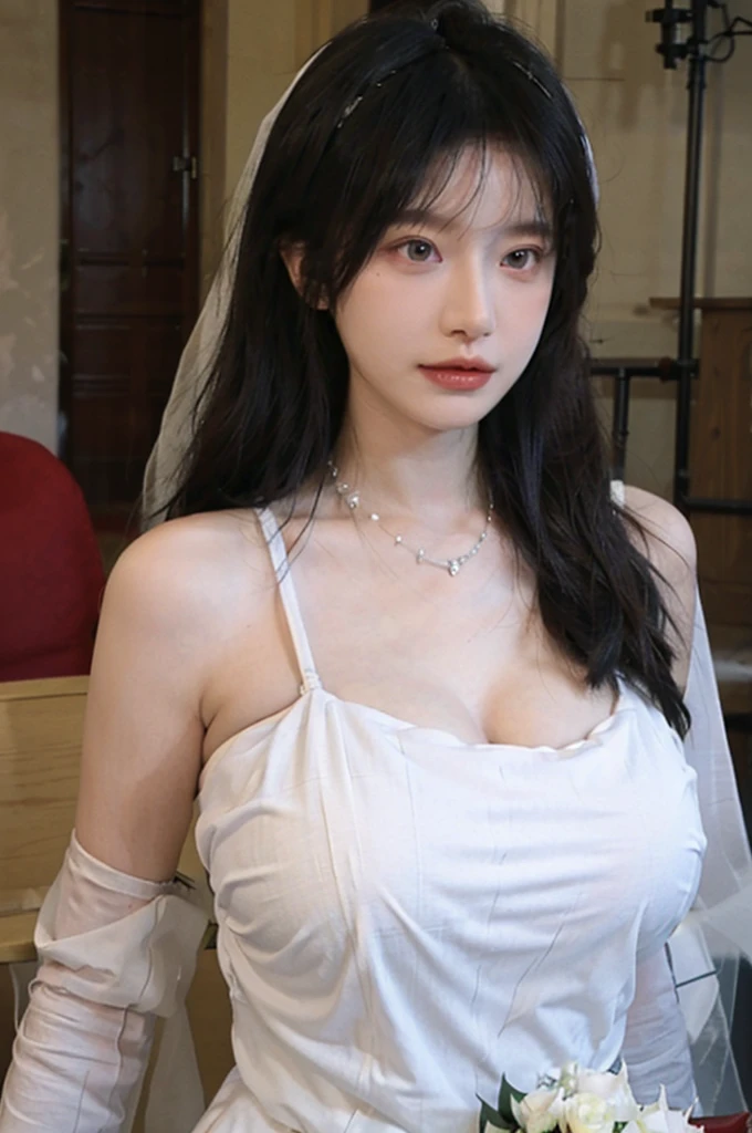Portrait photography,1 girl,white church,White Wedding Dress,White veil,Beautiful wedding dress,Bare shoulders,Lipstick,(Big Breasts:1.6),Shoulder-Length Wavy Hair,Wear a necklace,Headband,serene,calm,(Realistic and detailed eyes,Natural skin texture,Realistic facial details),