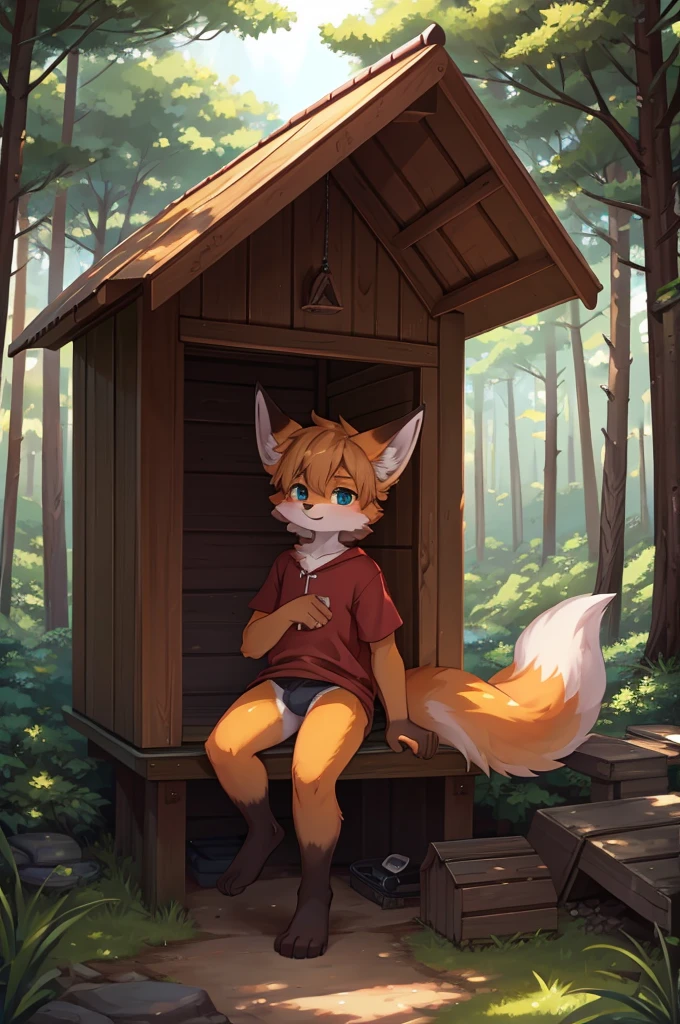 fox boy,8K resolution,high resolution,最high resolution,4K Deep in the Forest,doghouse,One person,Wearing plain clothes,