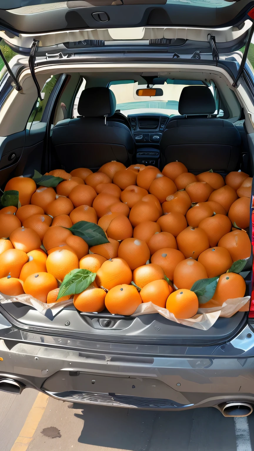 Navel orange texture，detail，reality，Fruit photography，The car trunk is filled with navel oranges，car trunk，The trunk is full of navel oranges，Orange navel orange，Dense tangerine，tangerine，Navel orange texture，Very coherent image
