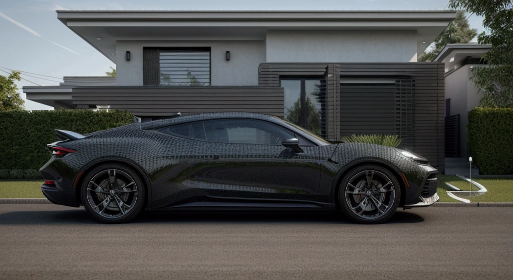 a close up of a car parked in front of a house, a 3D render by Luis Miranda, trending on cg society, photorealism, concept house, wide angle exterior 2022, architectural visualization, realistic 3 d style, one house, professional render, architectural render, architectural 3 d render, inter dimensional villa, exterior design, very realistic 3 d render
