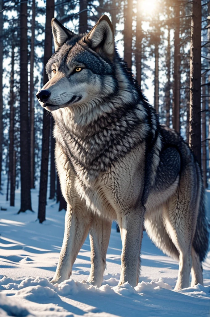 Furry wolf big muscle in winter forest 