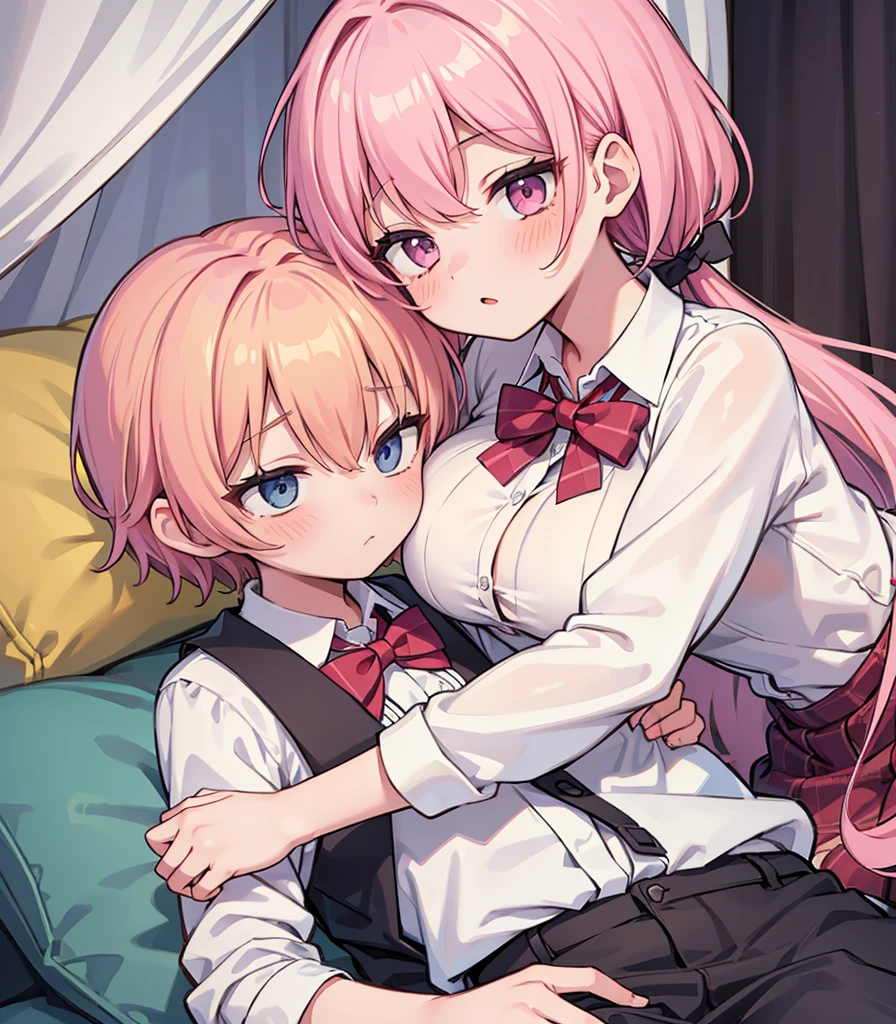 masterpiece, Highest quality, so beautiful, absurdists,High resolution,One girl, One boy,Cuddling in bed, like,sexly,Look at each one, blush,Age difference,bow tie,blondes,chest,Long Hair,Pink Hair,Tucked in shirt,short hair,skirt,Tent shirt,Slut,Big breasted sister and brother,Siblings, trousers,Pushing her big tits against her brother,(My brother's small erect penis),((((姉のvery huge breasts,Sister crushes her big tits in her brother's face)))),(((((Very huge breasts))))),(((((small penis,NSFW,Soft Very HUGE breasts))))),((Bursting Breasts,弟の顔を隠すHuge breasts)),((((((((Huge breasts,Large Breasts,とてもLarge Breasts、すごくLarge Breasts、とてつもなくLarge Breasts)))))))),Two people gazing at each other,puffy nipples