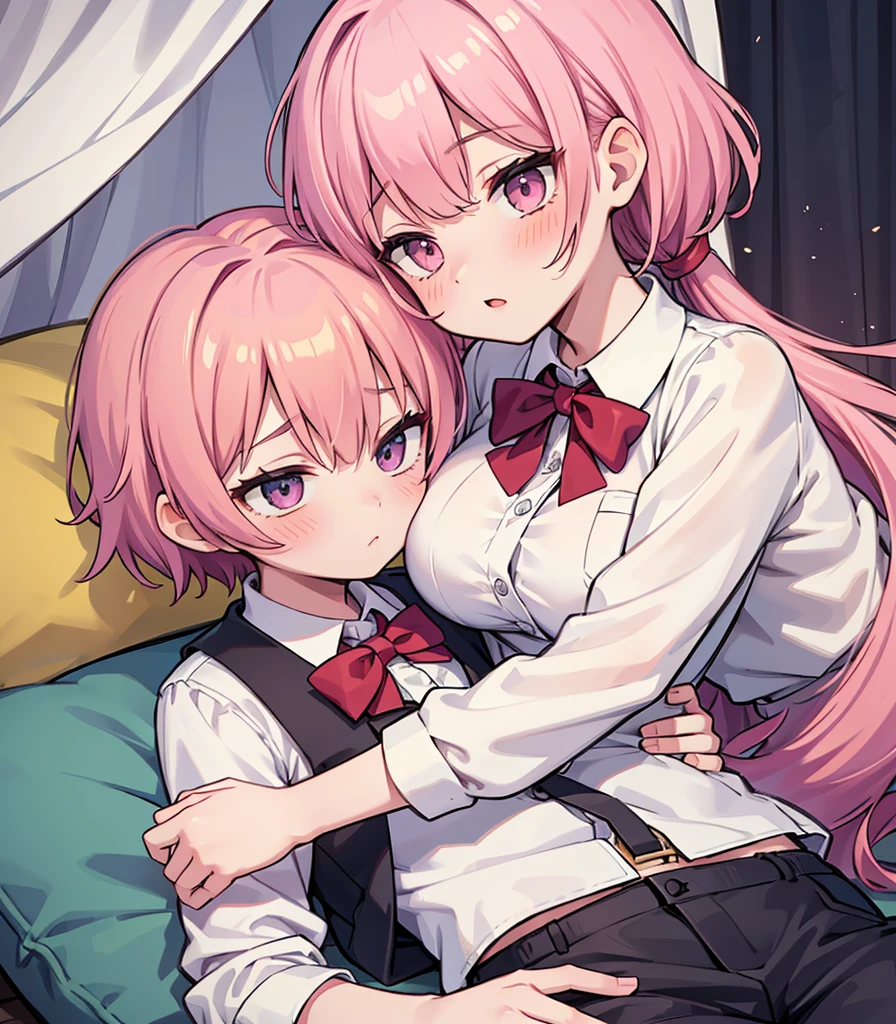 masterpiece, Highest quality, so beautiful, absurdists,High resolution,One girl, One boy,Cuddling in bed, like,sexly,Look at each one, blush,Age difference,bow tie,blondes,chest,Long Hair,Pink Hair,Tucked in shirt,short hair,skirt,Tent shirt,Slut,Big breasted sister and brother,Siblings, trousers,Pushing her big tits against her brother,(My brother&#39;s small erect penis),((((姉のvery huge breasts,Sister crushes her big tits in her brother&#39;s face)))),(((((Very huge breasts))))),(((((small penis,NSFW,Soft Very HUGE breasts))))),((Bursting Breasts,弟の顔を隠すHuge breasts)),((((((((Huge breasts,Large Breasts,とてもLarge Breasts、すごくLarge Breasts、とてつもなくLarge Breasts)))))))),Two people gazing at each other,puffy nipples