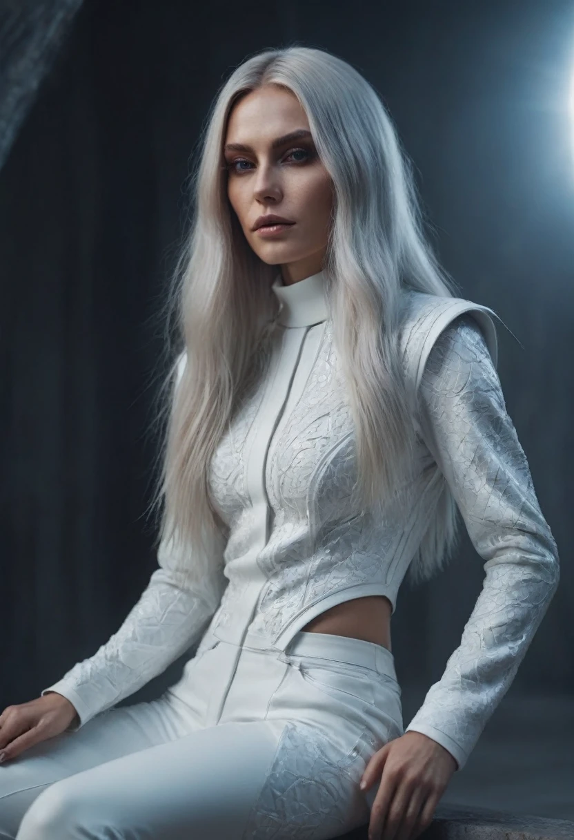 Fashionable of androgynous alien looking witch, glowing eyes, beautiful evil slavic muscular woman, pale skin, long hair, futuristic design, minimal details, givenchy, photoreal, 200mm, hd, f/ 2.0, highly detailed, surreal, sitting, light smile, simple white stylish clothes, a slight smiledrop dead, in the style of red and blue, (intricate details, hyperdetailed:1.15) (skin texture:1.2), cinematic, professional, 4k, (((dynamic model pose))), sitting, full body, mesmerizing, dynamic, dramatic, dynamic pose, highly detailed skin with hair, subcutaneous veins, light and shadow play, highly detailed,24mm photograph, film, bokeh, professional, 4k,