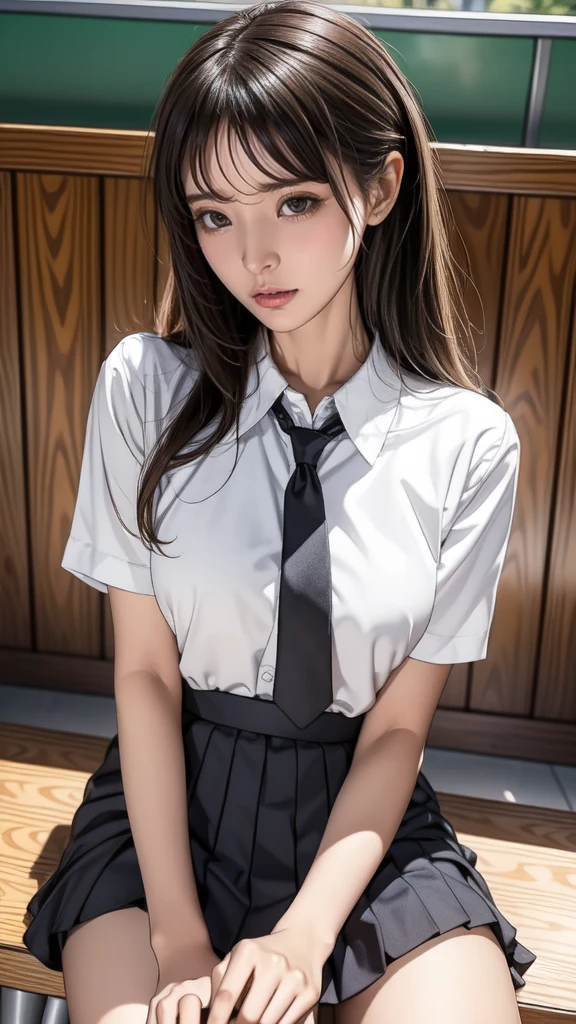 a girl,student,sitting on a desk,facing the camera,rested her chin on one hand,beautiful eyes,black and white school uniform,in summer,hair band,