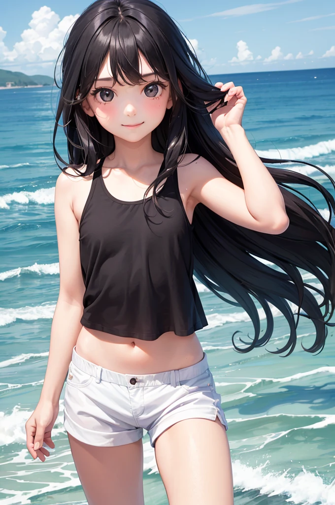 1girl, , 12 years old, cute girl, pretty face, smile, Beautiful black long hair, black eyes, Summer Sea, Seaside, bathing beach, whole, Girl playing with waves on the beach, Dynamic girl, White tank top, white shorts
