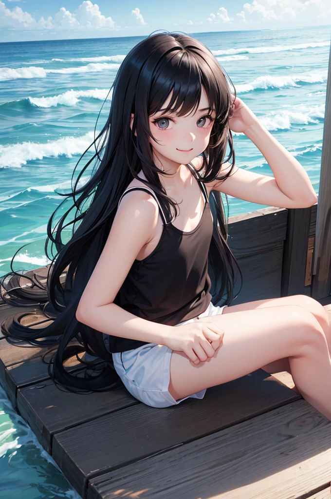 1girl, , 12 years old, cute girl, pretty face, smile, Beautiful black long hair, black eyes, Summer Sea, Seaside, bathing beach, whole, Girl playing with waves on the beach, Dynamic girl, White tank top, white shorts