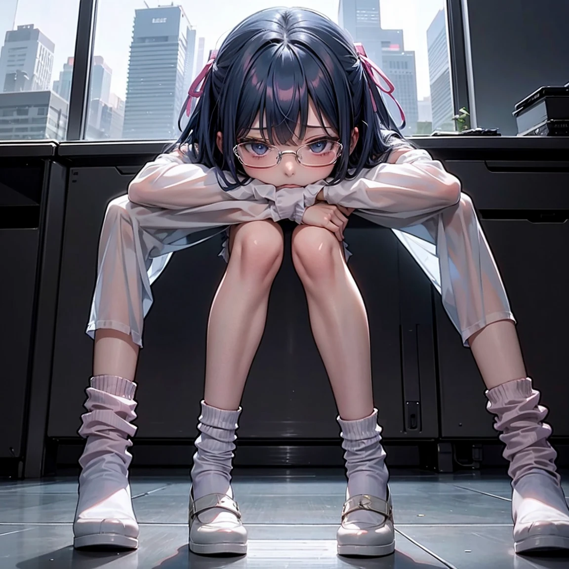 One woman（10 years old）、Glaring face、Long, blue hair、Thin glasses、White clothes、See-through shirt、ribbon、Short pleated skirt、Pink underwear、loose socks、Inside a skyscraper office at night、Spread your legs、Thin and lean legs、both hands tied and restrained