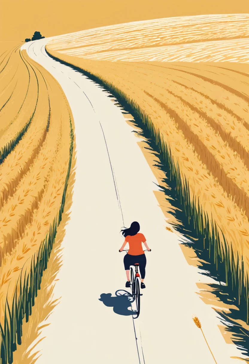 A girl rides a bicycle on a road in a wheat field，Minimalist illustration, Minimalist illustration style,, It&#39;s Ryo Takemasa&#39;s style, Aerial View, Award-winning illustrations, Image, Japanese Village, Minimal Art, Wu Zhengliang style, Minimalist poster, Minimalist composition, Commonwealth magazine cover. 8K,