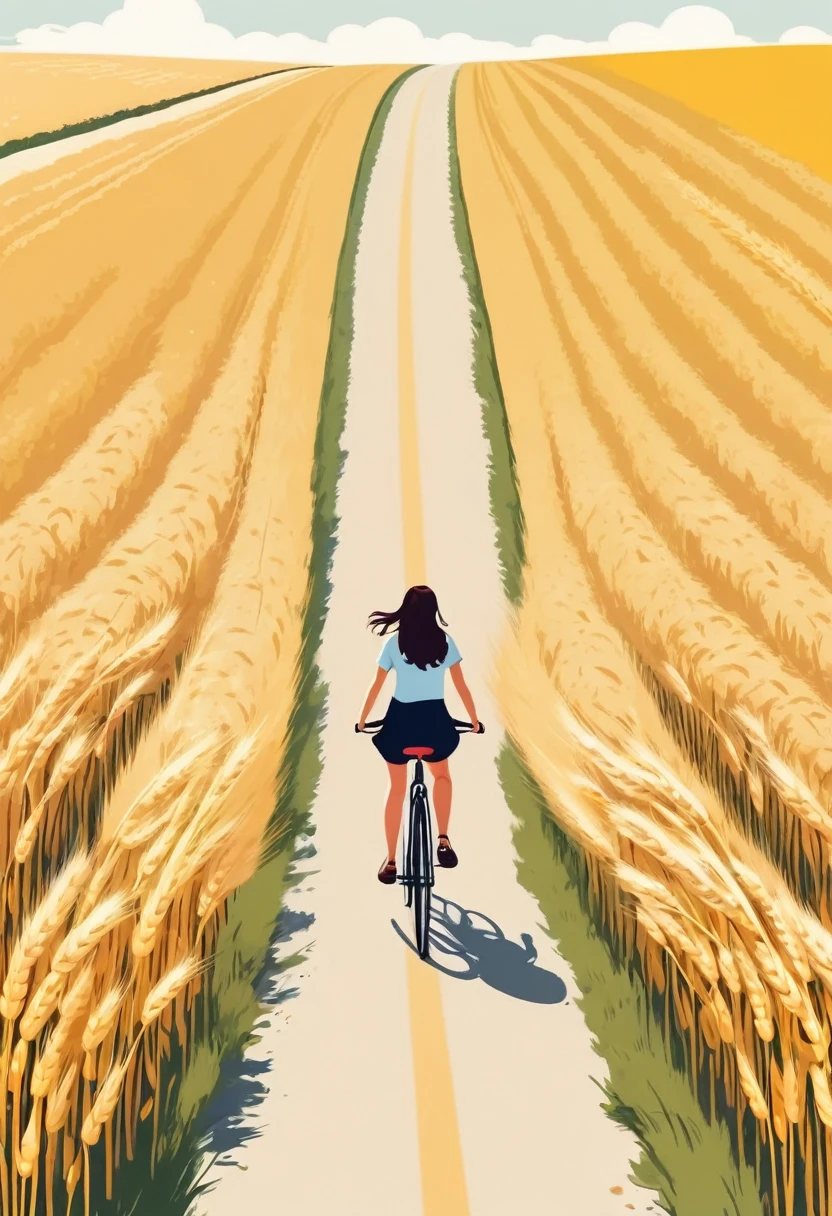 A girl rides a bicycle on a road in a wheat field,Minimalist illustration, Minimalist illustration style,, It's Ryo Takemasa's style, Aerial View, Award-winning illustrations, Image, Japanese Village, Minimal Art, Wu Zhengliang style, Minimalist poster, Minimalist composition, Commonwealth magazine cover. 8K,
