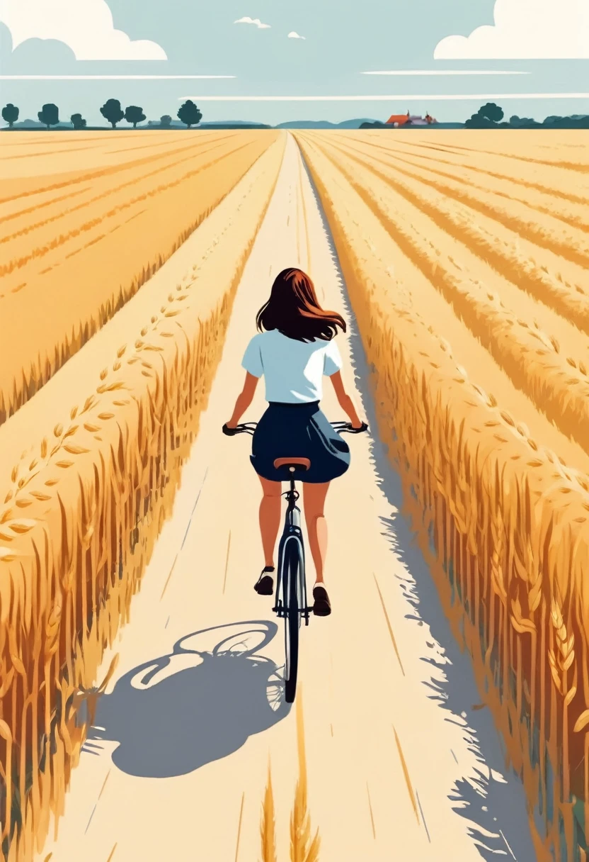 A girl rides a bicycle on a road in a wheat field，Minimalist illustration, Minimalist illustration style,, It&#39;s Ryo Takemasa&#39;s style, Aerial View, Award-winning illustrations, Image, Japanese Village, Minimal Art, Wu Zhengliang style, Minimalist poster, Minimalist composition, Commonwealth magazine cover. 8K,