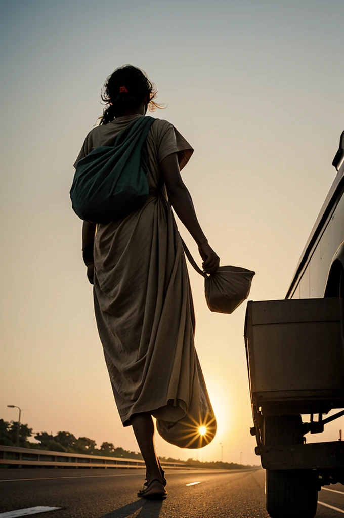 A beggar carrying a sack, seen from the back while going on a large highway at sunset, in horizontal format and vintage look