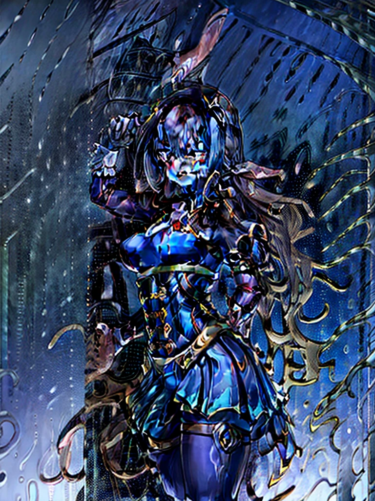 ((Girl fused with tentacles. Tentacles extending from behind)). Latex bodysuit. Cyber Costume. Taimanin suit. Hanging using tentacles. natta. Invincible smile. Mucous bodysuit. Inorganic background. Stick to the wall. facing front. Luminescent sphere of the chest