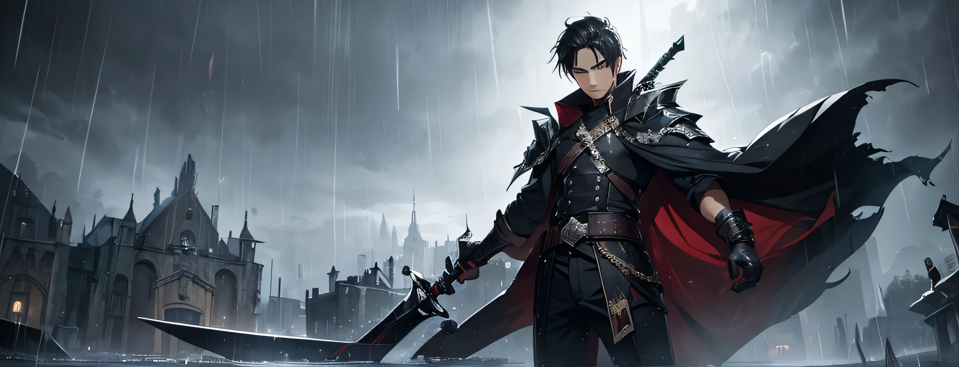 A man with a sword and coffin with rain and dark background