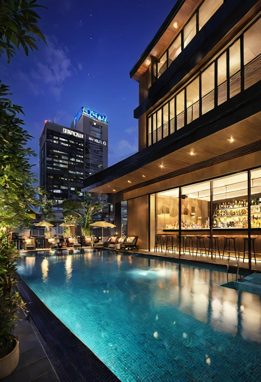 Pool at night、Lots of light、Rooftop pool on the building、Beautiful night view、Outdoor, bar counter、Colorful and clear cocktails、