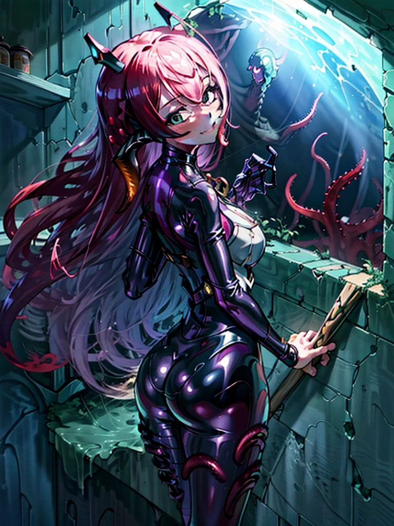 ((Girl fused with tentacles. Tentacles extending from behind)). Latex bodysuit. Cyber Costume. Taimanin suit. Hanging using tentacles. natta. Invincible smile. Mucous bodysuit. Inorganic background. Stick to the wall. facing front. Luminescent sphere of the chest