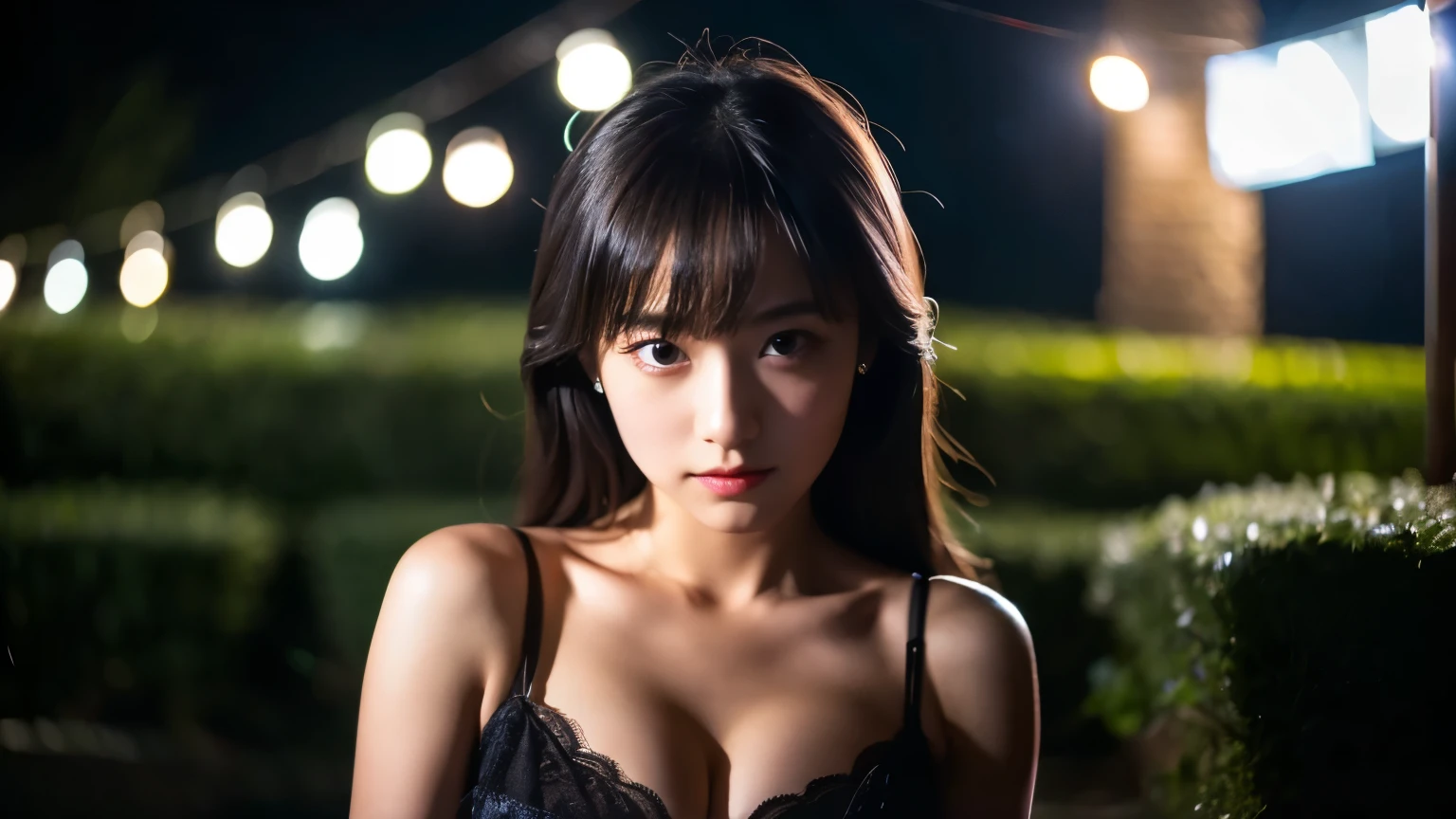 A very beautiful moonlit night、A woman with a very cute face like an idol、Cleavage、High quality images that are indistinguishable from real life images、Artistic、masterpiece