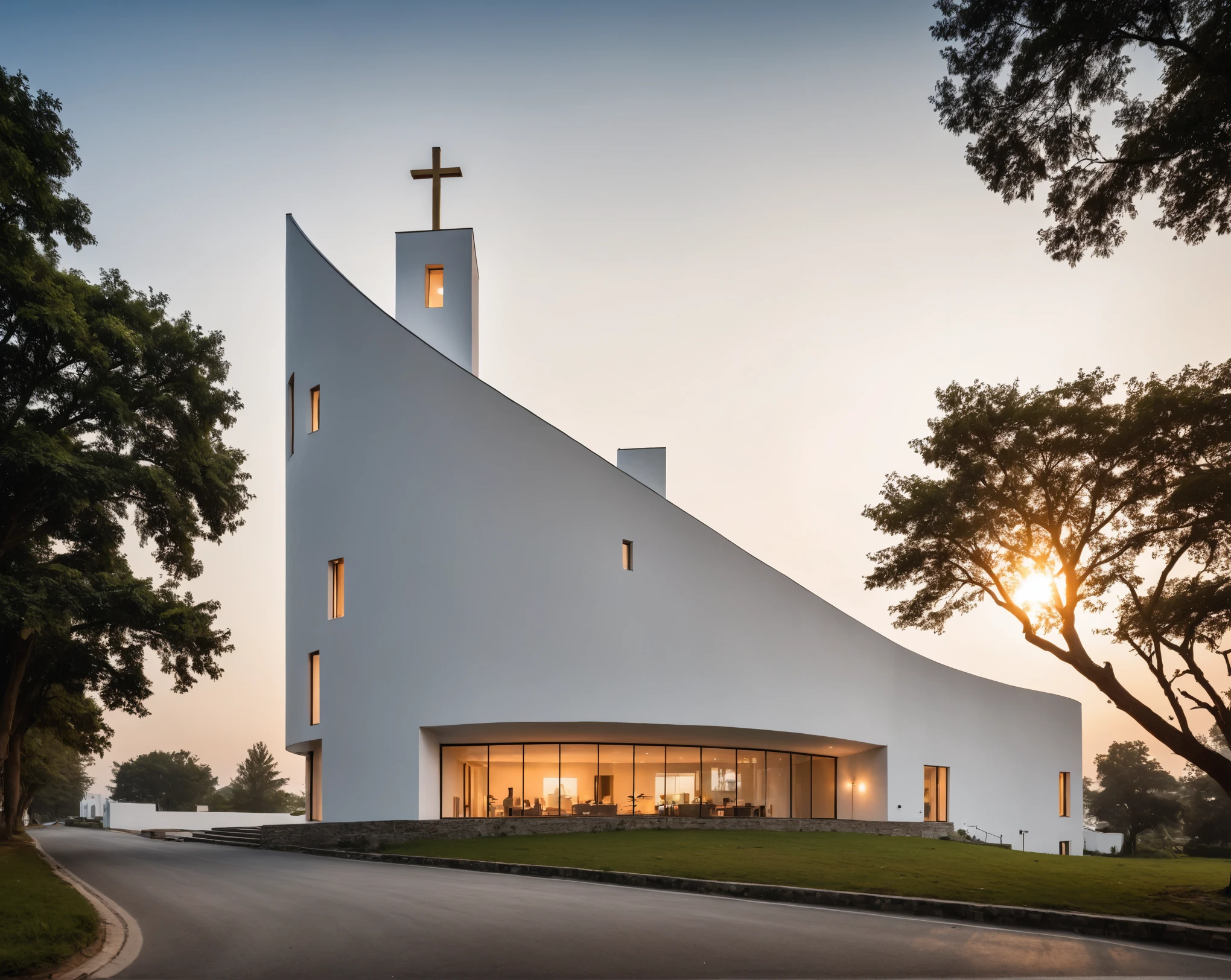 raw photo, best quality, ultra realistic, masterpiece, best quality skin, photography hd, dslr,
tcs, httlvn, modern church, road, people, house, facade design, outdoors, church, white walls, cross on top, curved shape building, 
Dusk, sunshine, 
View from a tree, dof view, 