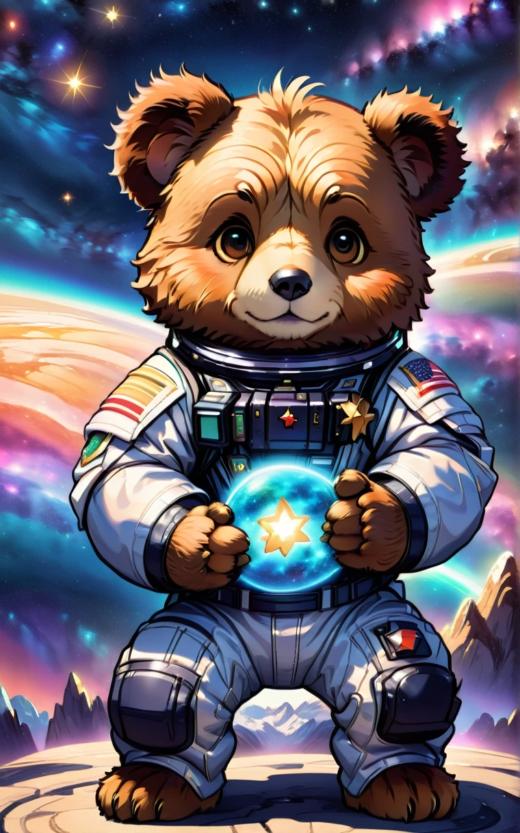 (Cute cartoon style:1.3), (Close up of cute bear sitting and holding stars in his hands), (Full set of cool space suits:1.2)Nice fur, Epic space scenery, Complex design , Masterpieces in up to 16K resolution, best quality, Extremely detailed, aesthetics, Cute bear sitting and holding stars.