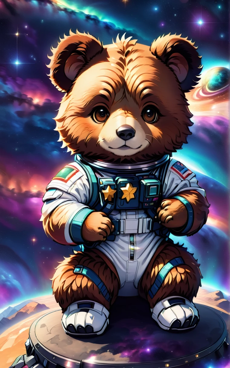 (Cute cartoon style:1.3), (Close up of cute bear sitting and holding stars in his hands), (Full set of cool space suits:1.2)Nice fur, Epic space scenery, Complex design , Masterpieces in up to 16K resolution, best quality, Extremely detailed, aesthetics, Cute bear sitting and holding stars.