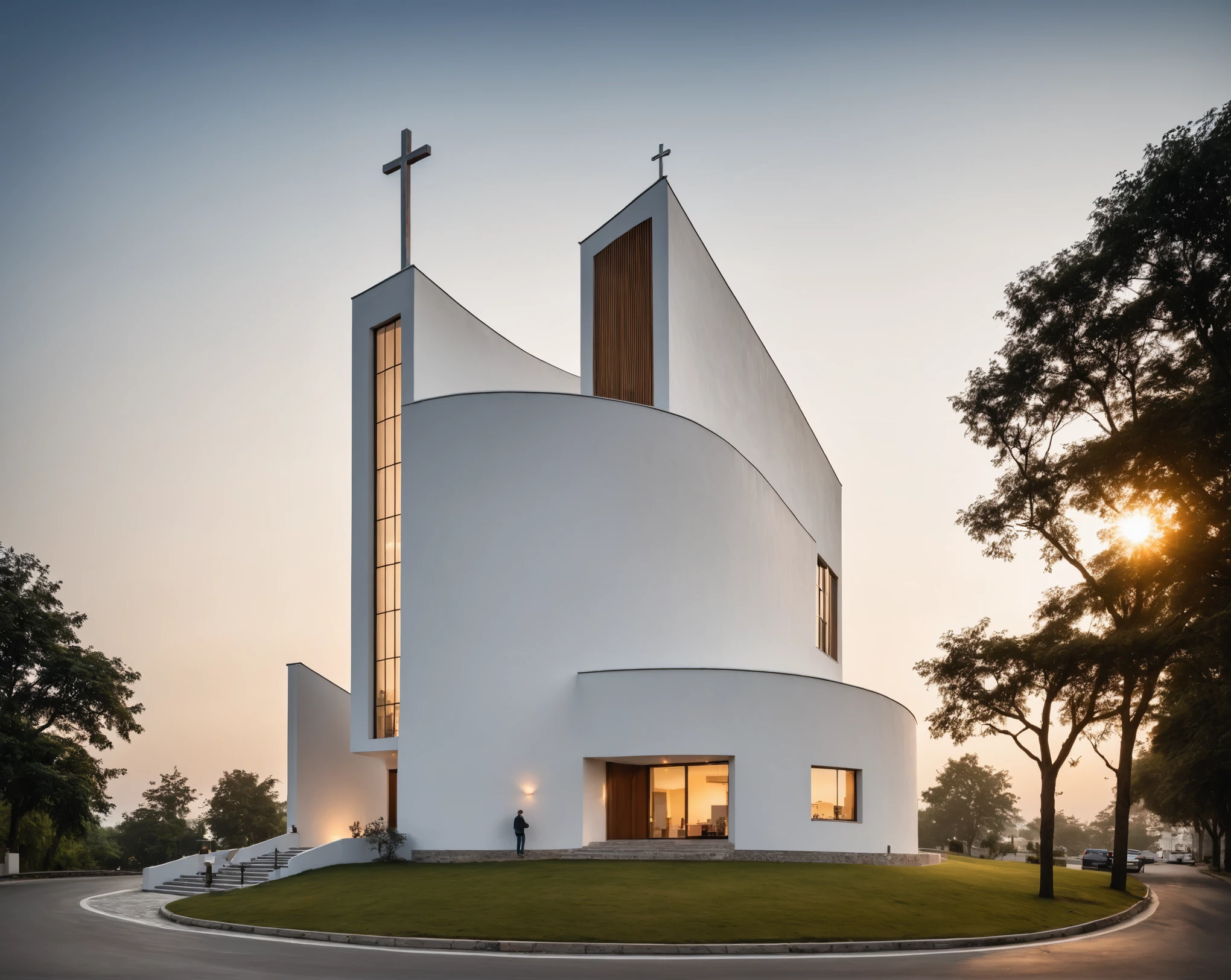 raw photo, best quality, ultra realistic, masterpiece, best quality skin, photography hd, dslr,
tcs, httlvn, modern church, road, people, house, facade design, outdoors, church, white walls, cross on top, curved shape building, 
Dusk, sunshine, 
View from a tree, dof view, 