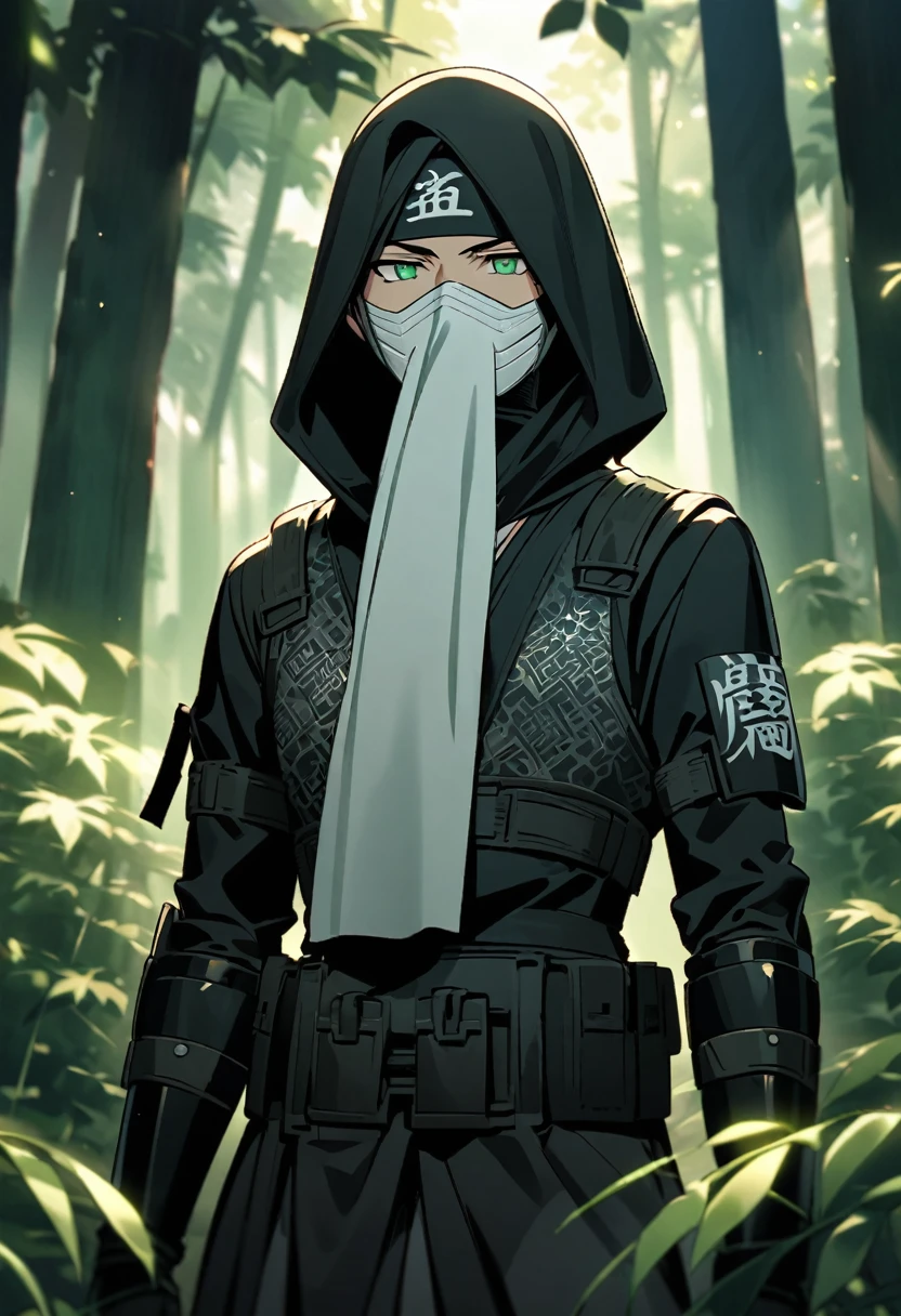 "An anime-style character with green eyes and a serious expression, wearing a predominantly black, stylish ninja outfit. The outfit includes a fitted black robe with intricate designs, a black headband, and a white cloth mask covering the lower half of the face. The white cloth mask has the kanji character '隠' written on it. The character also wears a utility belt and arm guards, adding to the ninja appearance. The character is standing in a dense forest with tall trees and dappled sunlight filtering through the leaves. The background is lush and green, creating a mysterious and serene atmosphere."