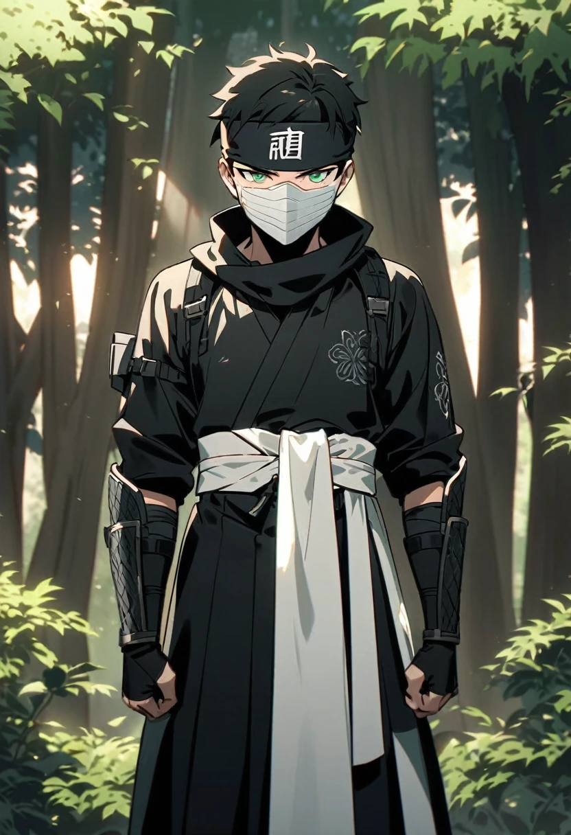 "An anime-style character with green eyes and a serious expression, wearing a predominantly black, stylish ninja outfit. The outfit includes a fitted black robe with intricate designs, a black headband, and a white cloth mask covering the lower half of the face. The white cloth mask has the kanji character '隠' written on it. The character also wears a utility belt and arm guards, adding to the ninja appearance. The character is standing in a dense forest with tall trees and dappled sunlight filtering through the leaves. The background is lush and green, creating a mysterious and serene atmosphere."