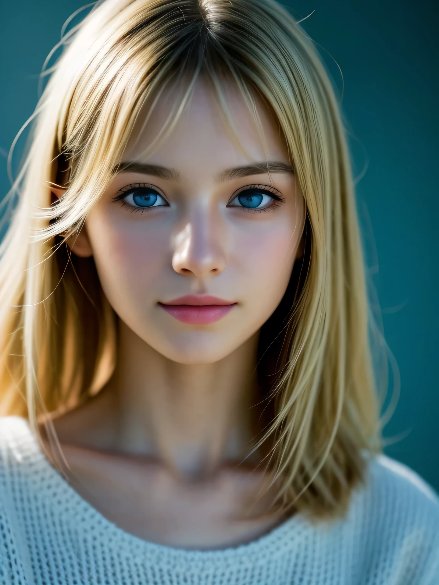 (Photo Real:1.4), (hyper realisitic:1.4), (Smooth lighting:1.05), 1 girl, teenager, blue eyes, happy, shy, smile, (looking away:1.2), Close-up of the face, Soft lighting, Back lighting, (Finest Real Textured Skins), Super fine face, glowy skin, retinas, Anatomically correct, (Blonde Wavy medium hair:1.1), bangs, Textured skin, High quality, high details, Best Quality, High resolution, sweater