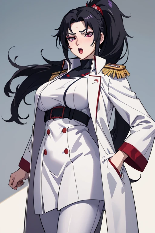 masterpiece, best quality, kurenai,(ahegao), folded ponytail, (white long coat), coat on shoulders,white navy soldier uniform ,(epaulettes), purple shirt, blue pants, upper body, looking at viewer, large breasts ,(hd), (full body shot), (high resolution)