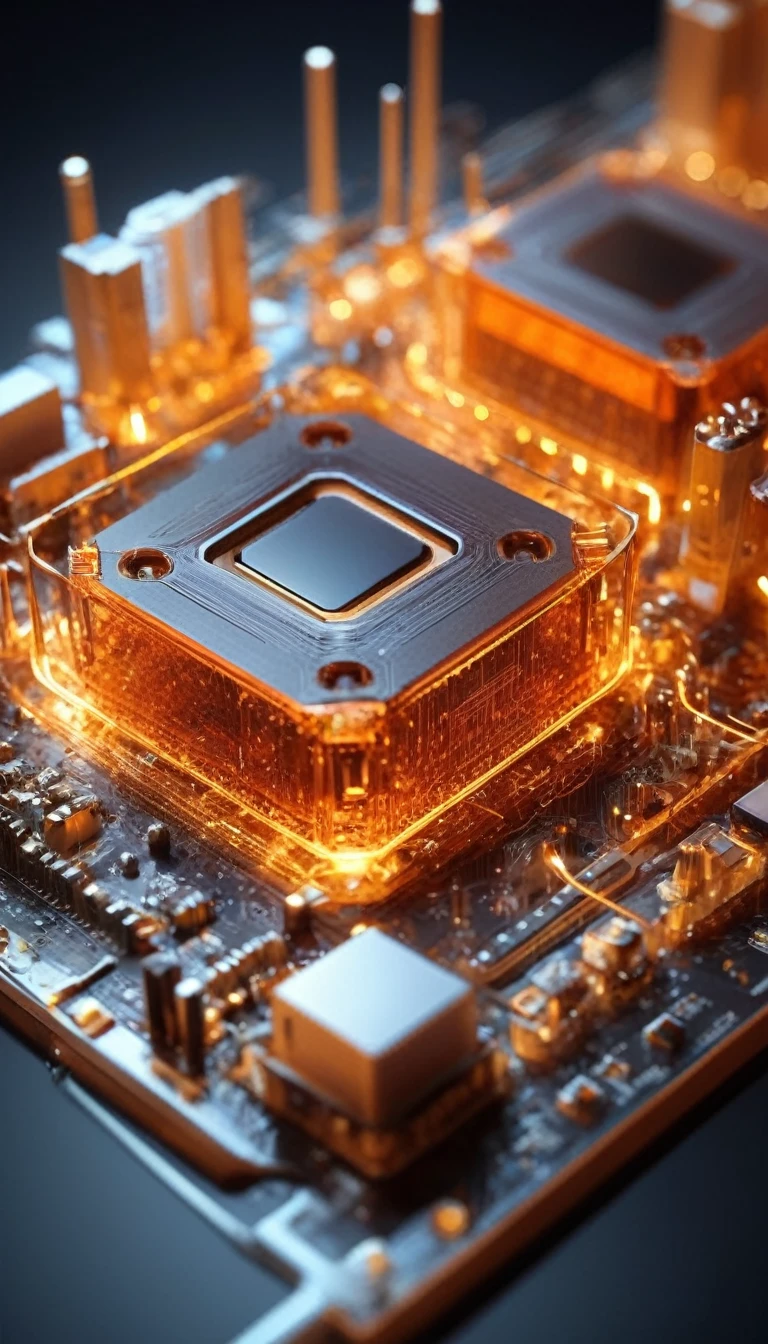 Orange,chip,Product Close-up,Close-up of the Photogram,Rendering,C4D,High-speed flow,3d,ultra-high definition texture details,integrated circuit,cou,network,data stream,Special effect,(The emitted light converges in the middle:1.5),container_architecture