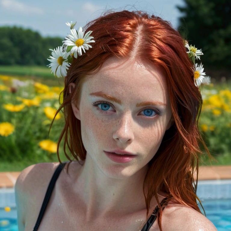 red-haired model with light blue eyes, is in the pool, in the garden, meadow and flowers in the background, She looks up into the camera, She is wearing a black bra and a black bikini bottom. The hair is a little wet, flawless skin, natural red hair, detailed face, perfect hands, natural face, detailed face, detailed hair, detailed hands, , female sexy figure, photorealestic, professional color grading, Hyperdetailed, hyper-realistic, small focal length. Photo 480 x 768
