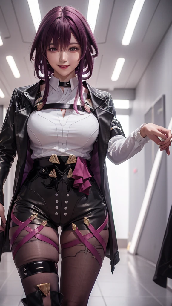 ((masterpiece)),((Highest quality)),High resolution,Extremely detailed CG,Perfect lighting,8k wallpaper, One Girl,Purple Hair,Very long hair、Very large breasts、very thick legs、smile、Shorts、tights、