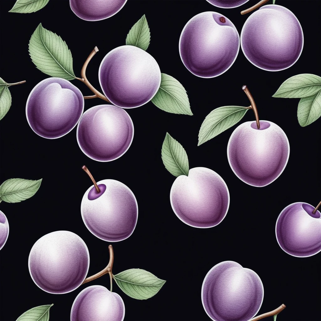 drawing realistic plum, Black background, Hand-drawn style