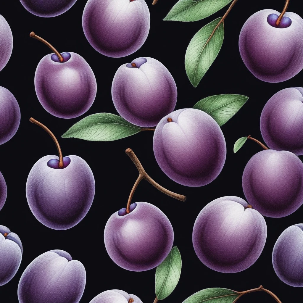 drawing realistic plum, Black background, Hand-drawn style