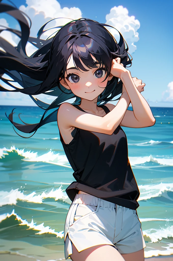 1girl, , 12 years old, cute girl, pretty face, smile, Beautiful black long hair, black eyes, Summer Sea, Seaside, bathing beach, whole, Girl playing with waves on the beach, Dynamic girl, White tank top, white shorts