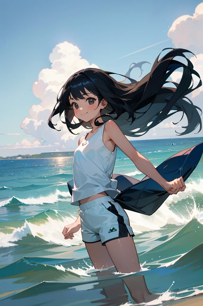 1girl, , , cute girl, pretty face, smile, Beautiful black long hair, black eyes, Summer Sea, Seaside, bathing beach, whole, Girl playing with waves on the beach, Dynamic girl, White tank top, white shorts