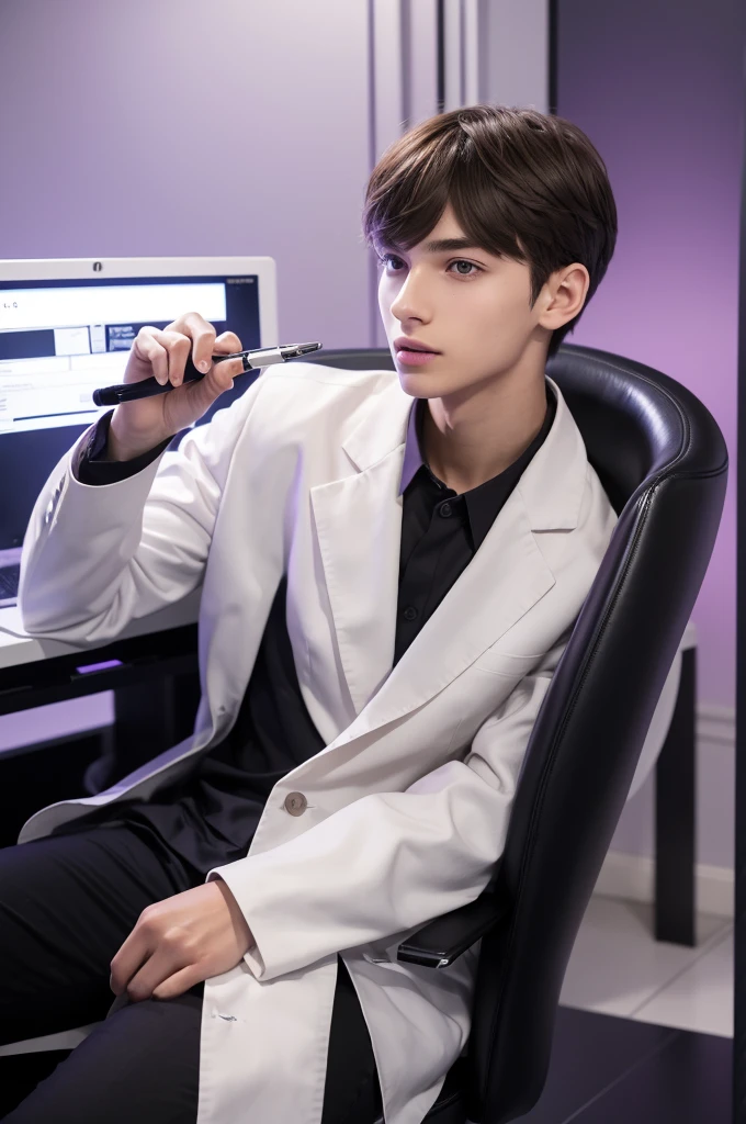 A refreshing young man, a beautiful young man, 20 years old, slender, brown hair, purple eyes, a cyber laboratory, a dark futuristic laboratory, a white lab coat, biting a pen, biting a ballpoint pen with teeth, thinking, body facing right, sitting on the right side, a luxurious black chair, bangs down