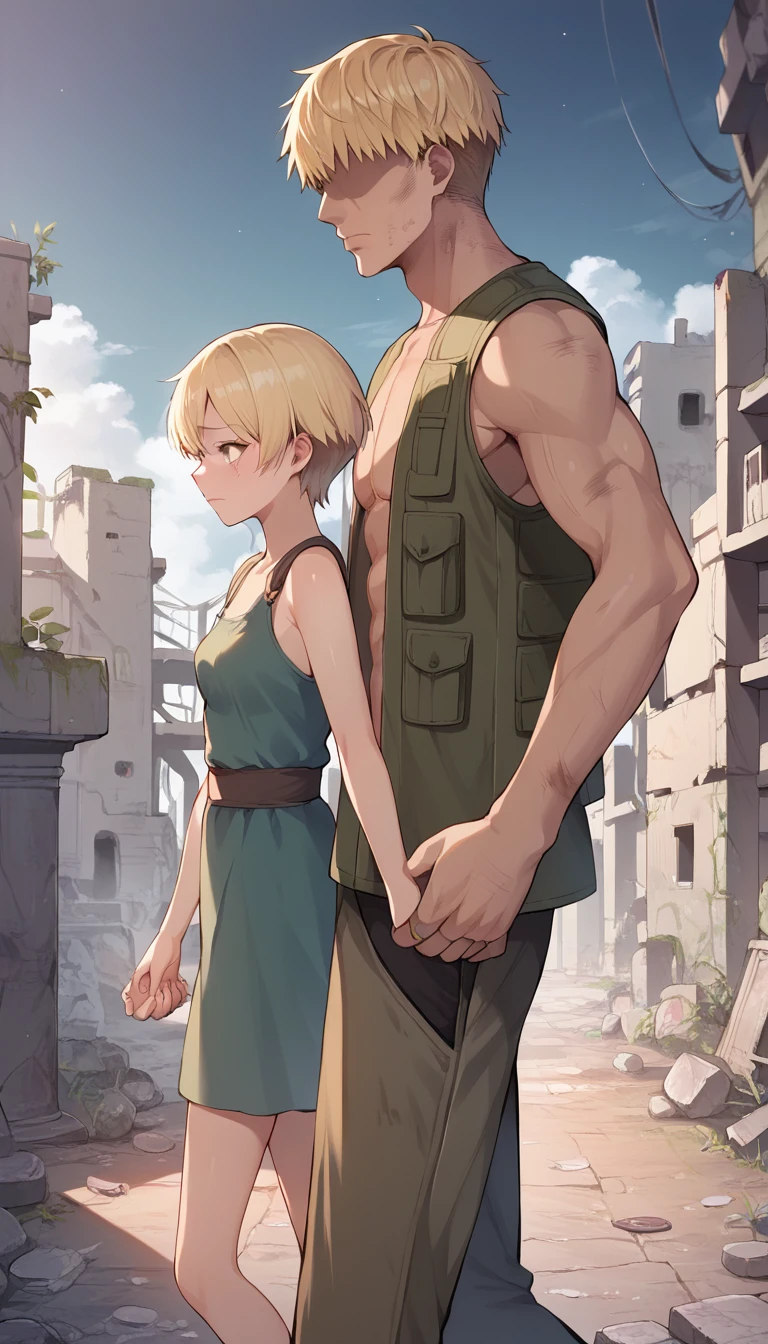 score_9, score_8_up, score_7_up, source_anime BREAK 
1girl, 14yo, _young, from side, small breasts, (girls dirty casual dress), holding hand in another's hand, blonde short hair, grey eyes, sad face, (Apocalypse, ruins, night scene, town ruins), outdoors, walking, ((size difference:1.5)), faceless male, male face out of frame, (male cargo vest, pants)