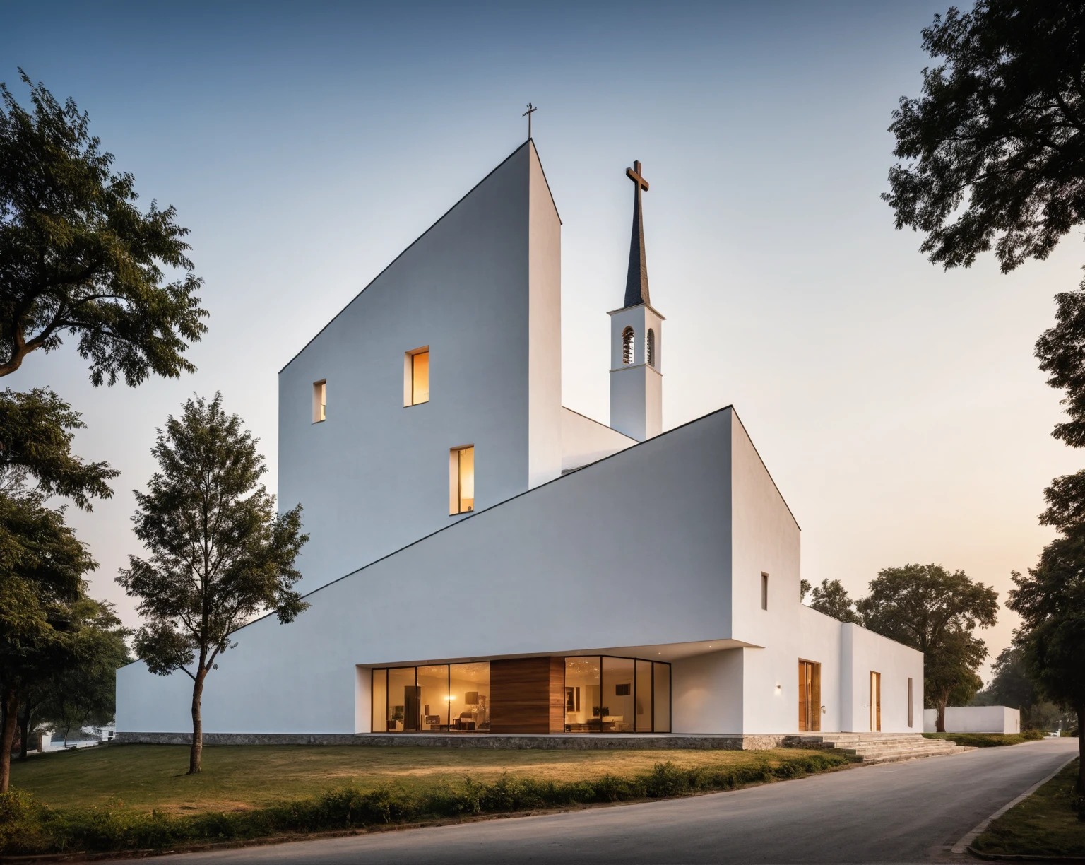 raw photo, best quality, ultra realistic, masterpiece, best quality skin, photography hd, dslr,
tcs, httlvn, modern church, road, people, house, facade design, outdoors, church, white walls, cross on top, curved shape building, 
Dusk, sunshine, 
View from a tree, dof view, 