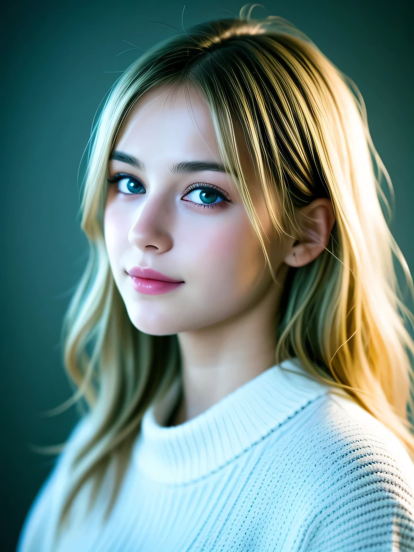 (Photo Real:1.4), (hyper realisitic:1.4), (Smooth lighting:1.05), 1 girl, teenager, blue eyes, happy, shy, smile, (looking away:1.2), Close-up of the face, Soft lighting, Back lighting, (Finest Real Textured Skins), Super fine face, glowy skin, retinas, Anatomically correct, (Blonde Wavy medium hair:1.1), bangs, Textured skin, High quality, high details, Best Quality, High resolution, sweater