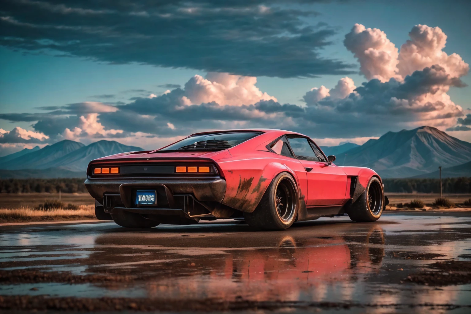 Supercar-forza game ready design, wide body, custom design build, cinematic, wide angle, studio light, tactical bodywork for supreme aerodynamics, (dirt neon grungy pink), broody and atmospheric, ominous sky, low light, vivid and gritty, retro futuristic sci-fi influences 