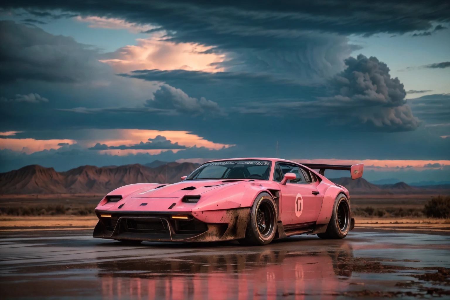 Supercar-forza game ready design, wide body, custom design build, cinematic, wide angle, studio light, tactical bodywork for supreme aerodynamics, (dirt neon grungy pink), broody and atmospheric, ominous sky, low light, vivid and gritty, retro futuristic sci-fi influences 