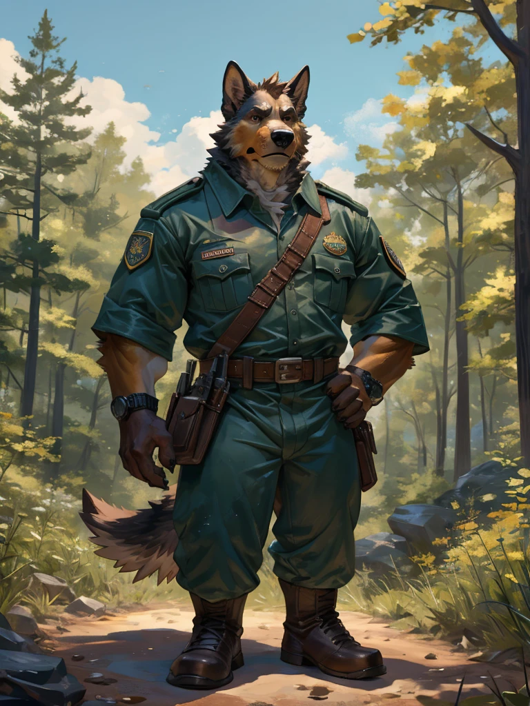 By Taran Fiddler, one man, anthro canine (irish wolfhound), hound dog breed, brown fur, dilf, wrinkly face, bushy eyebrows, wearing park ranger uniform, hands to his hips, stern facial expression, looking at viewer, snarling, grumpy, standing infront of a ranger tower, wooded forest background, national park in the background, watch tower in the background